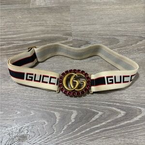 Gucci Women's Beige and Gold Belt with Burgundy Details